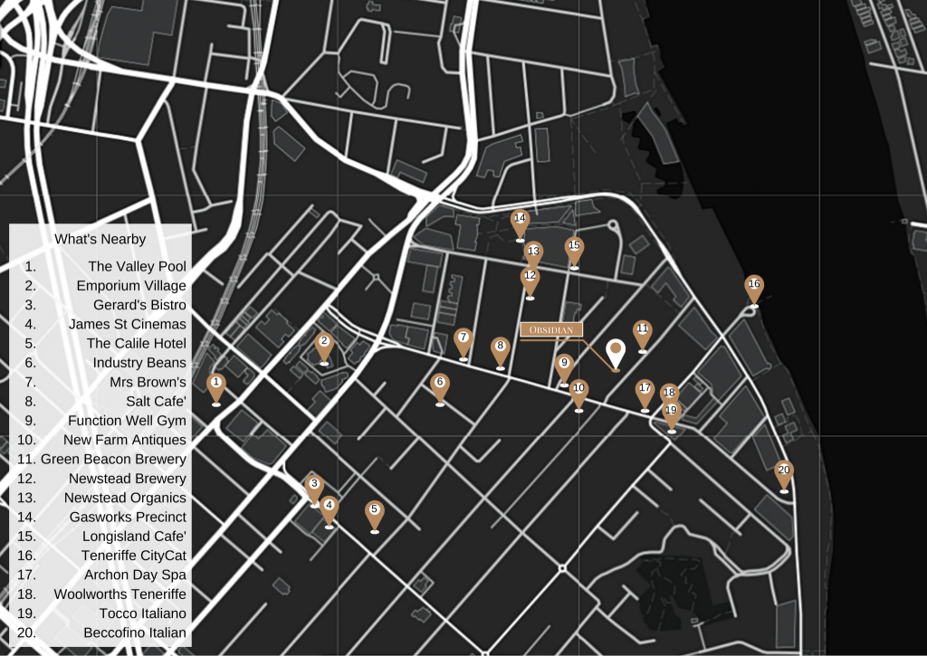 Home Map of the neighborhood around Obsidian, highlighting nearby attractions, such as The Valley Pool and Emporium Village.