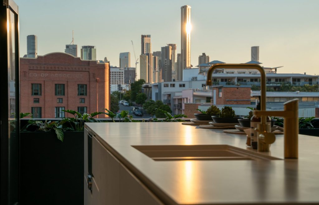 The view of the street from the kitchen of one of the Obsidian apartments.